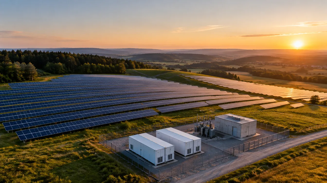 Fotovoltaická elektrárna s bateriovým úložištěm a trafostanicí při západu slunce